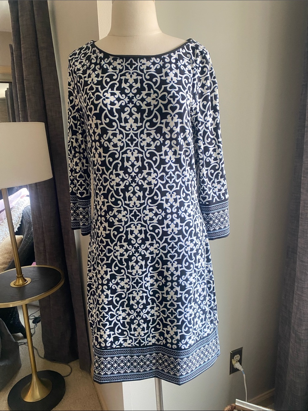 WHBM Black, Navy and White Patterned Boatneck Shift Dress